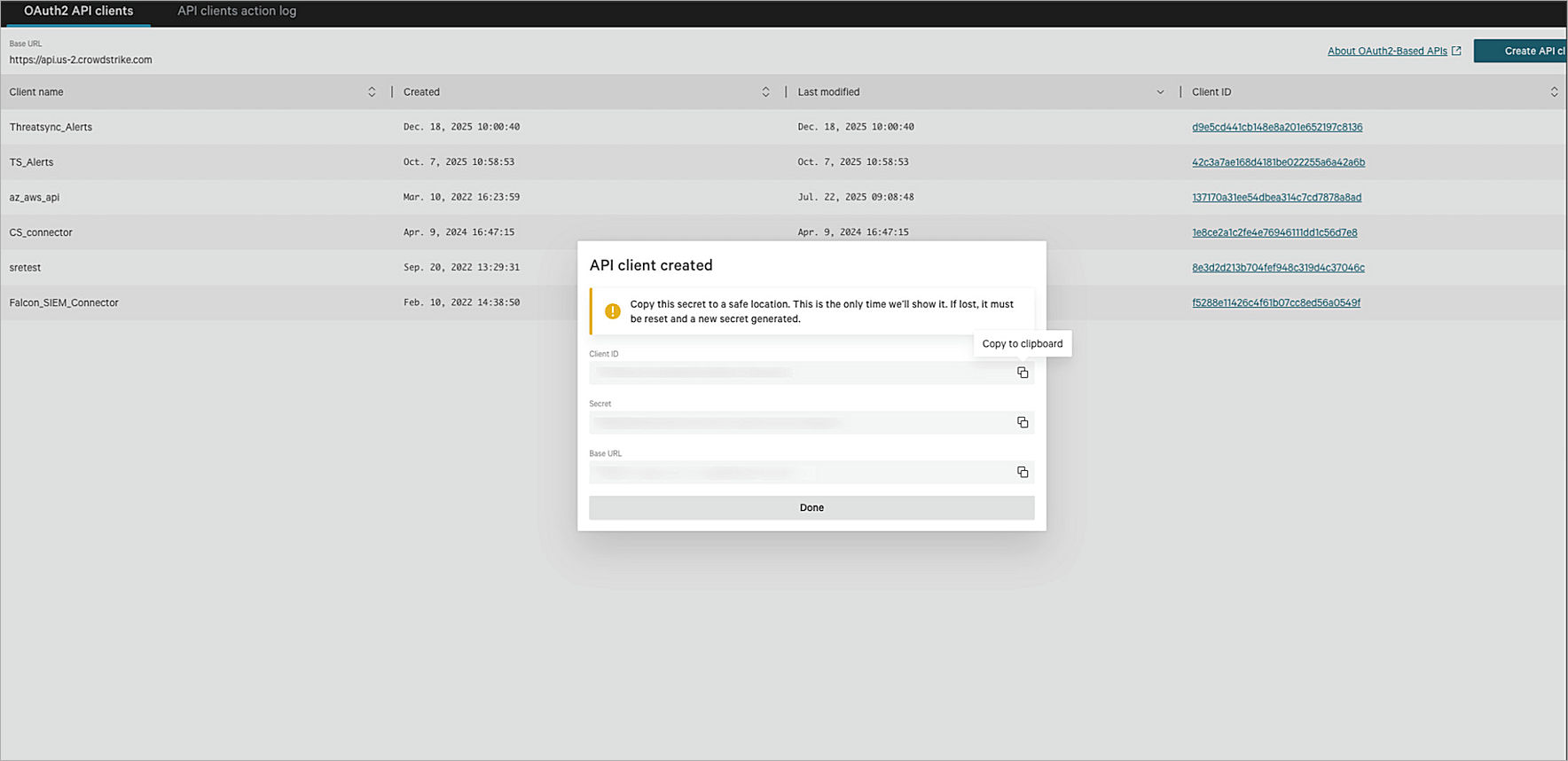 Screen shot of the API client created dialog box with Client ID, Secret, and Base URL